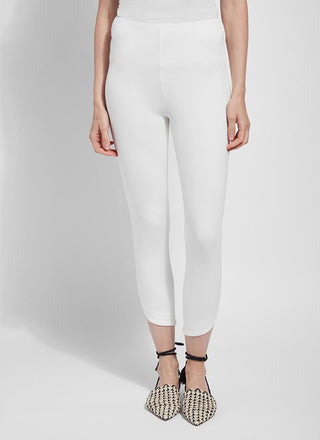 color=Off White, Front view of off white  ponte Jasmyne Crop Legging, petal-hem detailing with concealed patented waistband