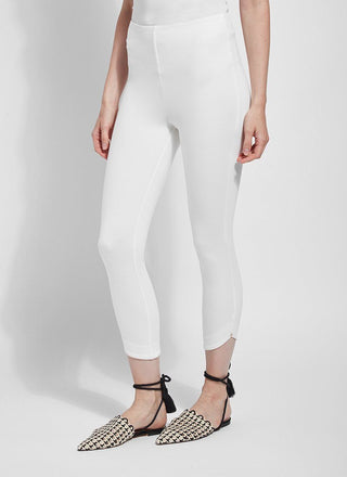 color=Off White, Front angled view of off white  ponte Jasmyne Crop Legging, petal-hem detailing with concealed patented waistband