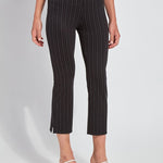 color=Artist Pinstripe, front view, patterned legging with body-hugging fit to knee, flare opening, side slit, slimming comfort waistband