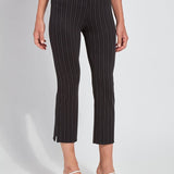 color=Artist Pinstripe, front view, patterned legging with body-hugging fit to knee, flare opening, side slit, slimming comfort waistband