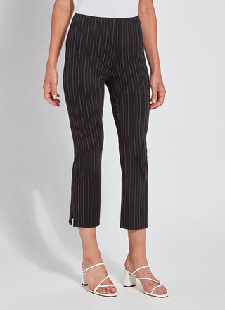 color=Artist Pinstripe, front view, patterned legging with body-hugging fit to knee, flare opening, side slit, slimming comfort waistband