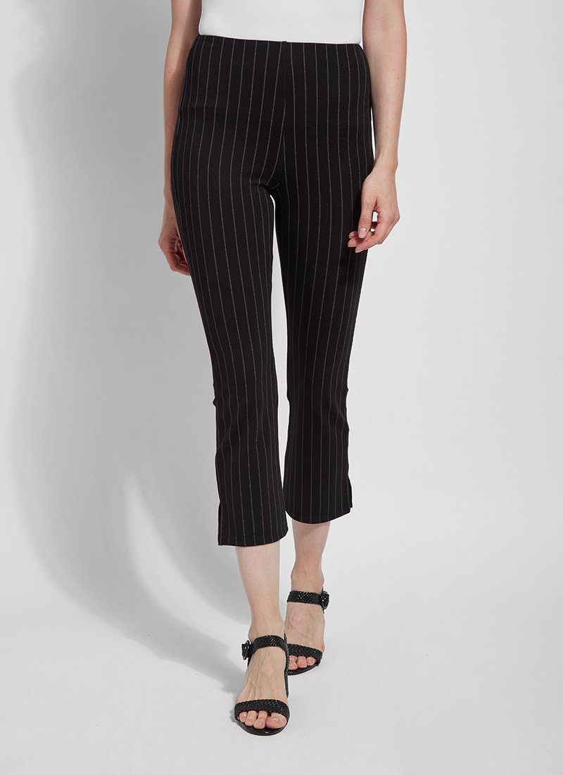 color=Essential Stripe Black, front view, patterned legging with body-hugging fit to knee, flare opening, side slit, slimming comfort waistband