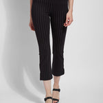 color=Essential Stripe Black, front view, patterned legging with body-hugging fit to knee, flare opening, side slit, slimming comfort waistband