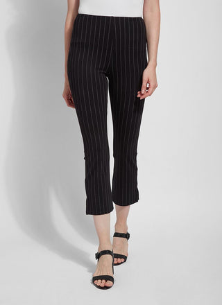 color=Essential Stripe Black, front view, patterned legging with body-hugging fit to knee, flare opening, side slit, slimming comfort waistband