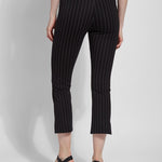 color=Essential Stripe Black, back view, patterned legging with body-hugging fit to knee, flare opening, side slit, slimming comfort waistband