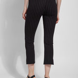 color=Essential Stripe Black, back view, patterned legging with body-hugging fit to knee, flare opening, side slit, slimming comfort waistband