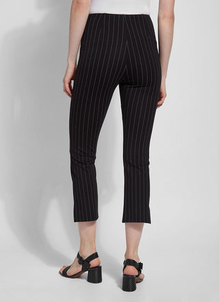 color=Essential Stripe Black, back view, patterned legging with body-hugging fit to knee, flare opening, side slit, slimming comfort waistband