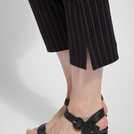 color=Essential Stripe Black, hem detail, patterned legging with body-hugging fit to knee, flare opening, side slit, slimming comfort waistband