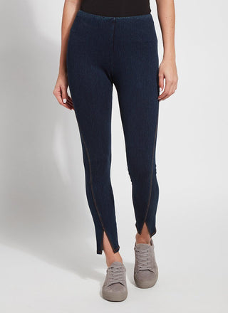 color=Indigo, Front view of indigo split denim jean leggings with concealed patented waistband for a slimming fit