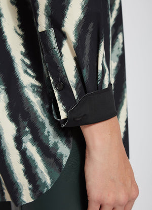 color=Snow Tracks, cuff detail, patterned women’s button up with contrast cuff, soft wrinkle resistant microfiber