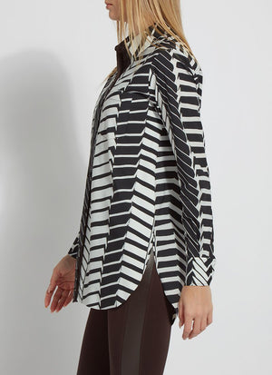 color=Street Crossing, side view, patterned women’s button up with contrast cuff, soft wrinkle resistant microfiber