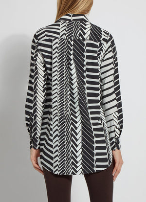 color=Street Crossing, back view, patterned women’s button up with contrast cuff, soft wrinkle resistant microfiber