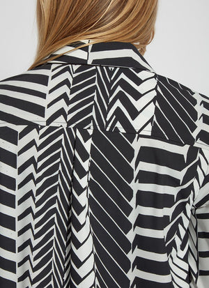 color=Street Crossing, back neckline, patterned women’s button up with contrast cuff, soft wrinkle resistant microfiber