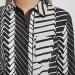 color=Street Crossing, neckline detail, patterned women’s button up with contrast cuff, soft wrinkle resistant microfiber