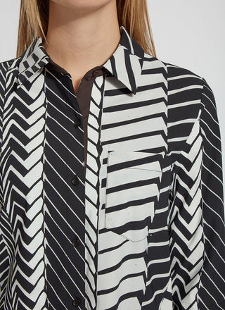 color=Street Crossing, neckline detail, patterned women’s button up with contrast cuff, soft wrinkle resistant microfiber
