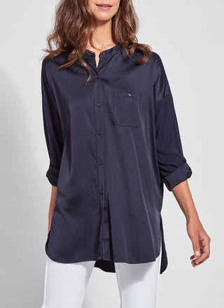 color=True Navy, Front view of true navy  EcoVero eco satin stretch long sleeve button up shirt