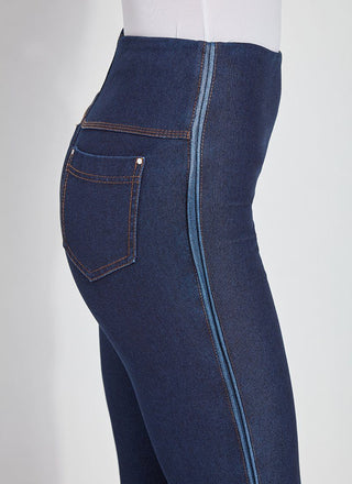 color=Indigo, Side details of indigo Park Jean Legging, in eco-friendly Repreve Knit Denim, with fashion details and slimming 360 control waistband