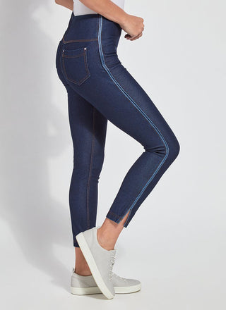 color=Indigo, Side view of indigo Park Jean Legging, in eco-friendly Repreve Knit Denim, with fashion details and slimming 360 control waistband