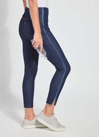 color=Indigo, Side view of indigo Park Jean Legging, in eco-friendly Repreve® Knit Denim, with fashion details and slimming 360 control waistband