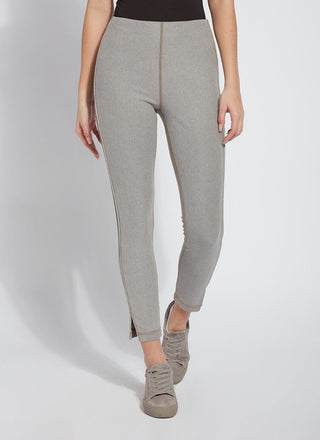 color=Washed Grey, Front view of washed grey Park Jean Legging, in eco-friendly Repreve® Knit Denim, with fashion details and slimming 360 control waistband