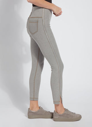 color=Washed Grey, Side view of washed grey Park Jean Legging, in eco-friendly Repreve Knit Denim, with fashion details and slimming 360 control waistband