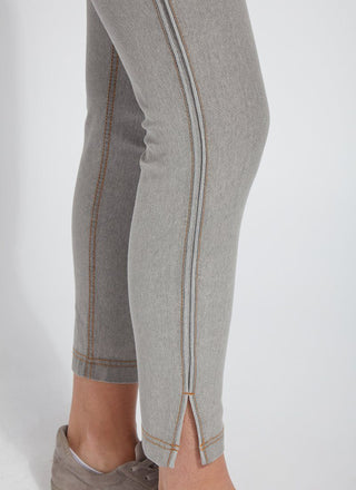 color=Washed Grey, Leg opening detail of washed grey Park Jean Legging, in eco-friendly Repreve Knit Denim, with fashion details and slimming 360 control waistband