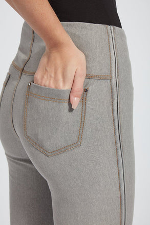 color=Washed Grey, Angled rear detail of washed grey Park Jean Legging, in eco-friendly Repreve Knit Denim, with fashion details and slimming 360 control waistband