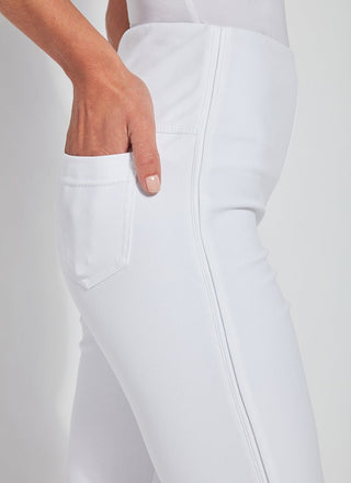 color=White, Side detail of white Park Jean Legging, in eco-friendly Repreve Knit Denim, with fashion details and slimming 360 control waistband