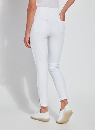 color=White, Rear view of white Park Jean Legging, in eco-friendly Repreve Knit Denim, with fashion details and slimming 360 control waistband