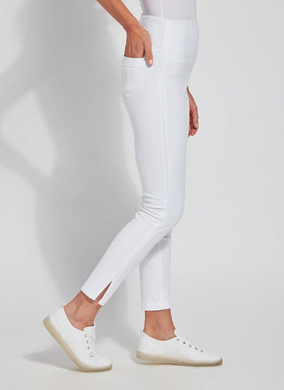 color=White, Side view of white Park Jean Legging, in eco-friendly Repreve Knit Denim, with fashion details and slimming 360 control waistband