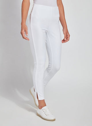 color=White, Angled front view of white Park Jean Legging, in eco-friendly Repreve Knit Denim, with fashion details and slimming 360 control waistband