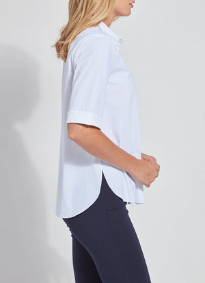 color=White, side view, slim fit women’s short sleeve button up shirt in wrinkle resistant microfiber