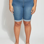 color=Mid Wash, front, biker-length women's denim short, comfort waistband, flattering plus size cut