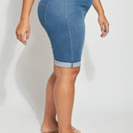 color=Mid Wash, side view, biker-length women's denim short, comfort waistband, flattering plus size cut