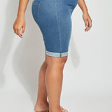 color=Mid Wash, side view, biker-length women's denim short, comfort waistband, flattering plus size cut