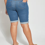 color=Mid Wash, back, biker-length women's denim short, comfort waistband, flattering plus size cut