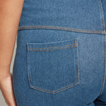 color=Mid Wash, back detail, biker-length women's denim short, comfort waistband, flattering plus size cut