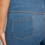 color=Mid Wash, back detail, biker-length women's denim short, comfort waistband, flattering plus size cut