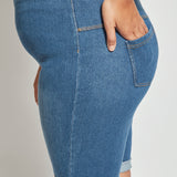 color=Mid Wash, side view, biker-length women's denim short, comfort waistband, flattering plus size cut