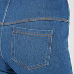 color=Mid Wash, back waistline detail, women's denim jean short, smoothing comfort waistband, body hugging in hips and looser across thigh