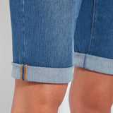 color=Mid Wash, hem detail, women's denim jean short, smoothing comfort waistband, body hugging in hips and looser across thigh
