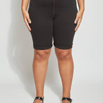 color=Midtown Black, biker-length women's denim short, comfort waistband, flattering plus size cut