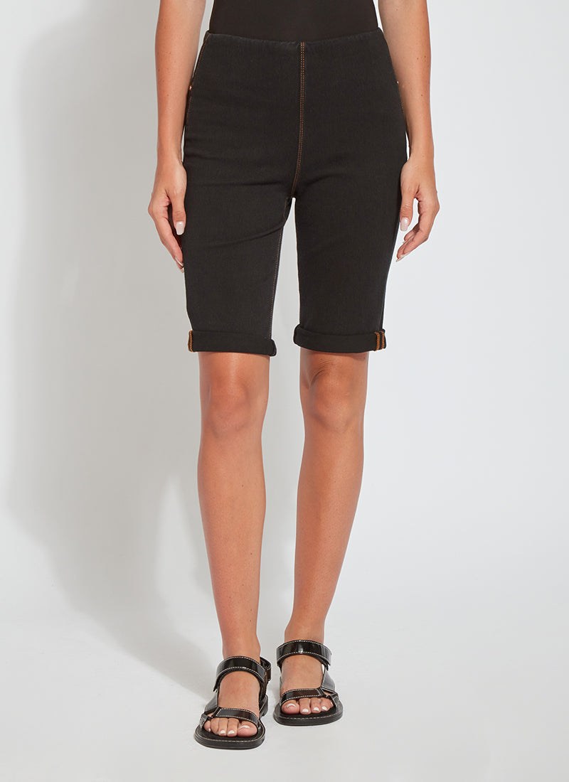 color=Midtown Black, front view, women's denim jean short, smoothing comfort waistband, body hugging in hips and looser across thigh
