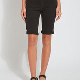 color=Midtown Black, front view, women's denim jean short, smoothing comfort waistband, body hugging in hips and looser across thigh