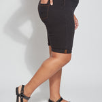 color=Midtown Black, side view, biker-length women's denim short, comfort waistband, flattering plus size cut