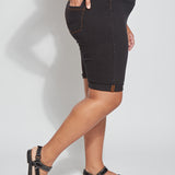 color=Midtown Black, side view, biker-length women's denim short, comfort waistband, flattering plus size cut
