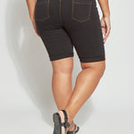 color=Midtown Black, back view, biker-length women's denim short, comfort waistband, flattering plus size cut