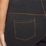 color=Midtown Black, rear detail, biker-length women's denim short, comfort waistband, flattering plus size cut