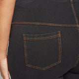 color=Midtown Black, rear detail, biker-length women's denim short, comfort waistband, flattering plus size cut