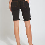 color=Midtown Black, back view, women's denim jean short, smoothing comfort waistband, body hugging in hips and looser across thigh